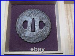 Tsuba Japanese Sword Guard Plants Engraved Iron with Box Antique from Japan