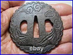 Tsuba Japanese Sword Guard Plants Engraved Iron with Box Antique from Japan