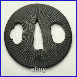Tsuba Japanese Sword Guard Radiation Crest Engraved Iron Antique from Japan