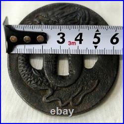 Tsuba Japanese Sword Guard Rising Dragon Engraved Iron Antique from Japan
