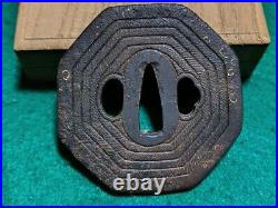 Tsuba Japanese Sword Guard Rope Crest Engraved Iron Inlaying Antique from Japan