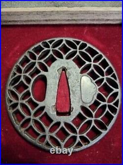 Tsuba Japanese Sword Guard Shippo Crest Engraved Openwork Antique Japan with Box