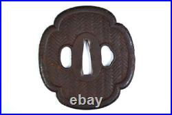 Tsuba Japanese Sword Guard Young Grass Engraved Iron Antique from Japan