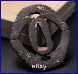 Tsuba Japanese Sword Guard with Box Brass Inlaying Openwork Antique from Japan