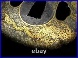 Tsuba Japanese Sword Katana Antique Japan Fuji Golden Dragon Iron Edo JP #2888
