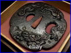Tsuba Japanese Sword Katana Japan Antique Diving Dragon Iron Edo Period JP #2286