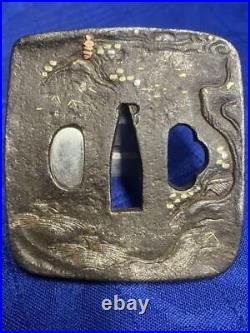 Tsuba Japanese Sword Long Iron Base Gold And Silver Copper Inlay from Japan