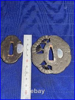 Tsuba Japanese Sword Short Silver Inlay Iron Open Fan