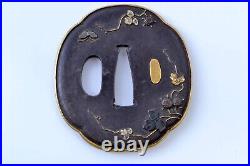Tsuba Japanese antique Iron Mumei ivy and butterfly design Edo era