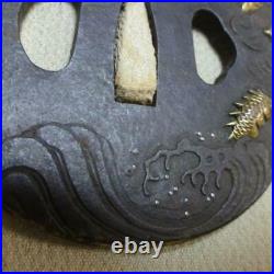 Tsuba Japanese sword Iron Plating gold Coud dragon wave pattern Round shape