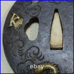 Tsuba Japanese sword Iron Plating gold Coud dragon wave pattern Round shape