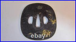 Tsuba Lion and peony inlaid Japanese sword katana Edo period antique rare