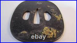 Tsuba Lion and peony inlaid Japanese sword katana Edo period antique rare