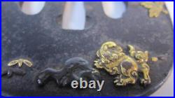 Tsuba Lion and peony inlaid Japanese sword katana Edo period antique rare