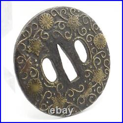 Tsuba Onin Muromachi period Inlaid brass Japanese Antique Sword Fitting Iron