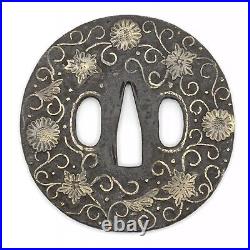 Tsuba Onin Muromachi period Inlaid brass Japanese Antique Sword Fitting Iron