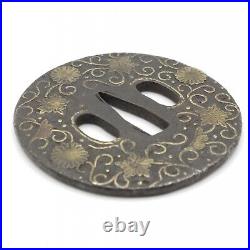 Tsuba Onin Muromachi period Inlaid brass Japanese Antique Sword Fitting Iron