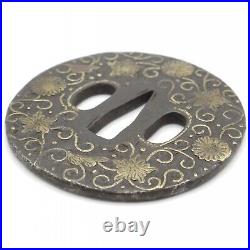 Tsuba Onin Muromachi period Inlaid brass Japanese Antique Sword Fitting Iron