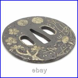 Tsuba Onin Muromachi period Inlaid brass Japanese Antique Sword Fitting Iron