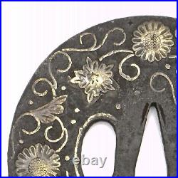 Tsuba Onin Muromachi period Inlaid brass Japanese Antique Sword Fitting Iron