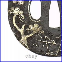 Tsuba Onin Muromachi period Inlaid brass Japanese Antique Sword Fitting Iron