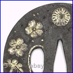 Tsuba Onin Muromachi period Inlaid brass Japanese Antique Sword Fitting Iron