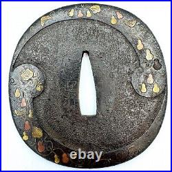 Tsuba Tomoe and Gourd Design Made by MASASHIGE Antique Japanese Sword NIHONTO