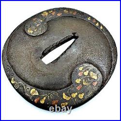 Tsuba Tomoe and Gourd Design Made by MASASHIGE Antique Japanese Sword NIHONTO