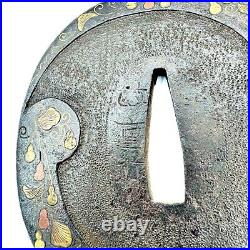 Tsuba Tomoe and Gourd Design Made by MASASHIGE Antique Japanese Sword NIHONTO