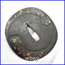 Tsuba Tomoe and Gourd Design Made by MASASHIGE Antique Japanese Sword NIHONTO