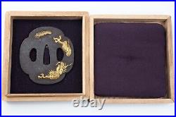 Tsuba antique mumei Iron Dragon diving sand design Edo era Japanese sword parts