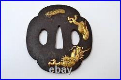 Tsuba antique mumei Iron Dragon diving sand design Edo era Japanese sword parts