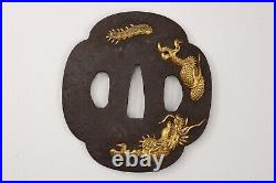 Tsuba antique mumei Iron Dragon diving sand design Edo era Japanese sword parts