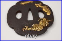 Tsuba antique mumei Iron Dragon diving sand design Edo era Japanese sword parts