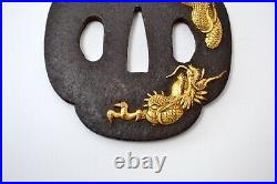 Tsuba antique mumei Iron Dragon diving sand design Edo era Japanese sword parts