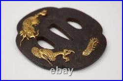 Tsuba antique mumei Iron Dragon diving sand design Edo era Japanese sword parts