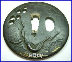 Very Old Iron With Gold Work Japanese Tsuba Copper Refit Inserts